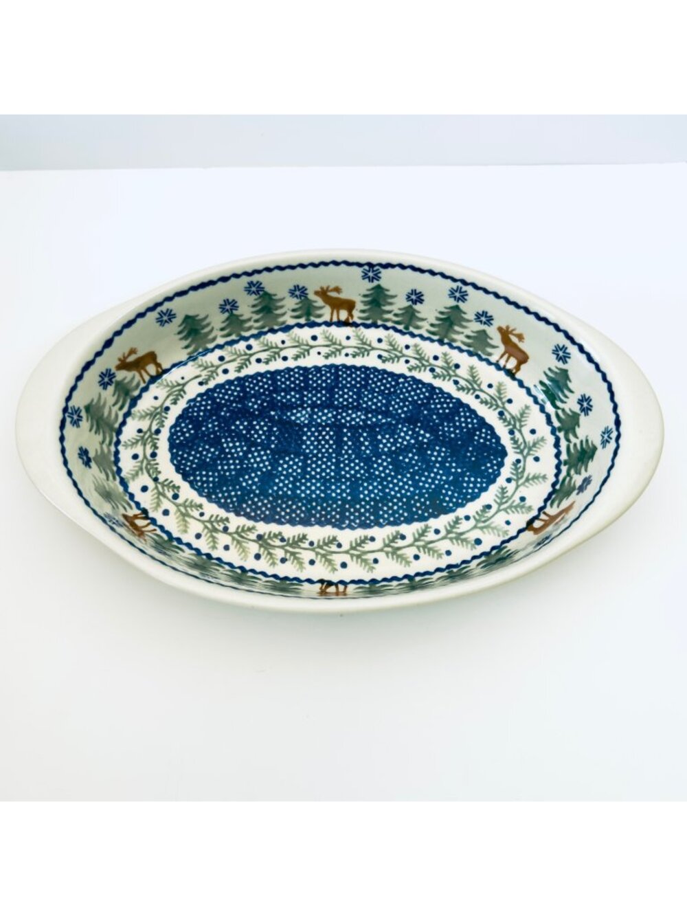 Polish Pottery Oval Baker Casserole Dish Reindeer Evergreen Forest Pine Trees